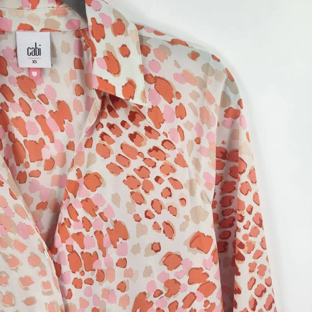 Cabi Go-To Top Women's XS Orange Beige Pink leopard Print Relaxed Chiffon Blouse